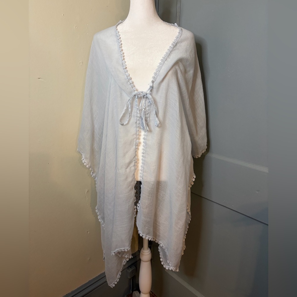 Rachel Zoe Light Blue Sheer Pom-Pom Trim Kimono Cover-Up